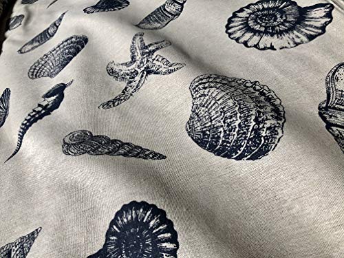Tissu nautique en toile de jute bleu foncé avec motif océan, coquillage, étoiles, toile de jute de 155 cm de large (vendu au mètre)