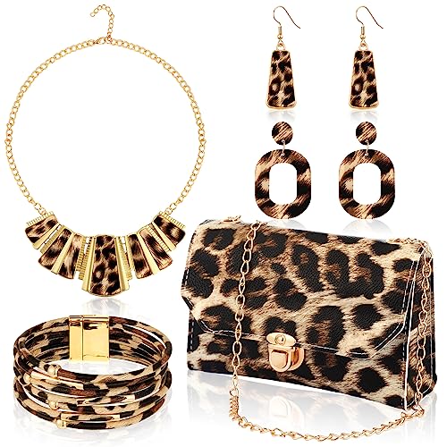 Sotiff 5 Pcs Leopard Accessories for Women Purse Jewelry Set Necklaces Clutch Earring Wrap Bracelets Long Tassel Pendant