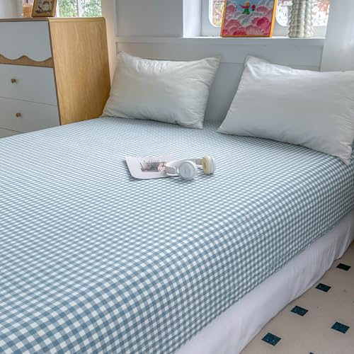 Image of Mucalis Light Blue Gingham Fitted Sheet King Only Deep Pocket 16 Inch 100% Washed Cotton White Plaid Checkered Bottom Sheet,Soft,Breathable,Easy Care