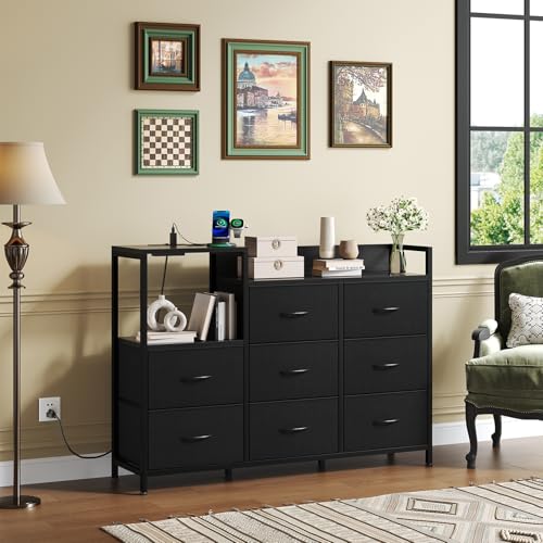 Image of NEWBULIG Media Console Dresser TV Stand for 45 inch with 8 Fabric Drawers & Open Shelves, Wooden Top Entertainment Center with LED Lights & Charging Station for Bedroom, Black