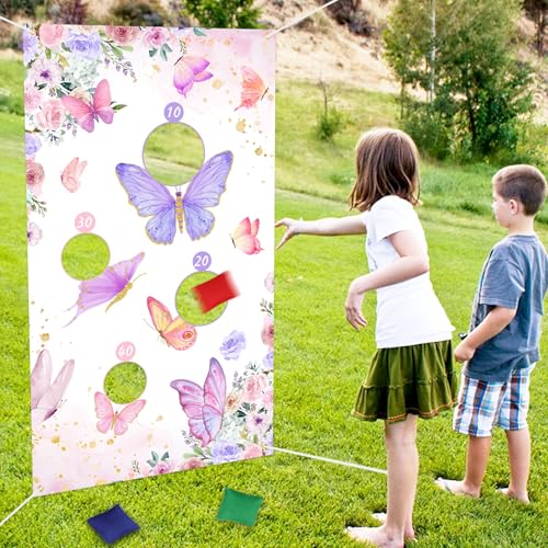 Serencatcher Butterfly Toss Game Banner with 3 Bean Bags Butterfly Bean Bag Toss Games Backdrop for Butterfly Party Games Butterfly Themed Birthday Baby Shower Party Decorations Favors