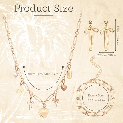 Quelay Gold Chunky Necklace Earrings Bracelet Set Gold Charms Necklace Paperclip Chain Bracelet Bow Earrings Jewelry Removable Charms with Pearl Heart for Women Bridesmaid Prom Wedding Friendship Gift2
