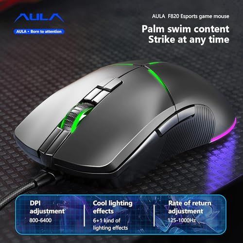 Image of AULA F820O Wired Optical Mouse with 8 Key | RGB Backlight, 6400DPI Wired Optical Mouse (USB 2.0 - Black)