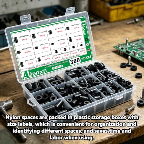 Image of 300PCS Black Nylon Spacers Kit, 14 Sizes- 5mm, 8mm, 10mm, 12mm, 15mm, 20mm, 25mm Length for M6 M8 Screws, Non-Threaded Round Plastic Spacers Suitable for Switch & Receptacle Screws