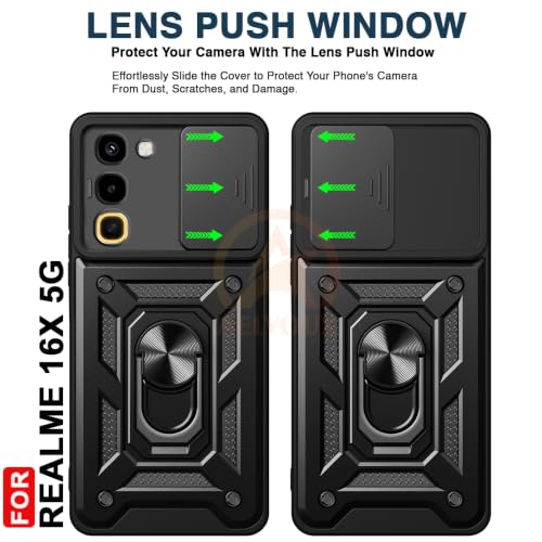Image of Armor Bumper Back Cover Case for Realme 16X 5G Rotating Camera Cover, Ring Holder & Kickstand | Heavy Duty & 360 Degree Protection Back Cover for Realme 16X 5G (Black)