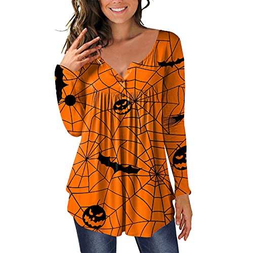 Halloween Tunic Shirts for Women Novelty Pumpkin Graphic Pullover Long Sleeve Empire Waist Flare Blouse Tops Orange