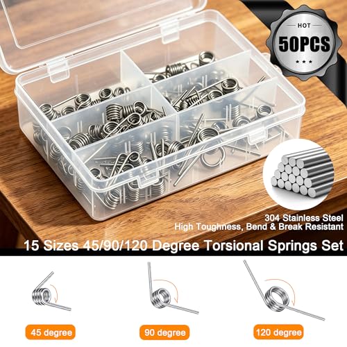 Image of Dianrui 50 PCS Torsional Springs Assortment Kit, 45 /90 /120 Degree 15 Sizes 304 Stainless Steel Mechanical Small Torsion Spring for Home Repairs & DIY Springs Assortment (Diameter 0.5 to 2.5mm)