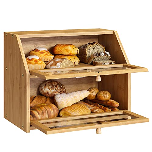 Bmosu Farmhouse Bread Box For Kitchen Countertop Bread Box Double Layer Bamboo Wooden Extra Large Capacity Bin Kitchen Food Storage Container thumb #6