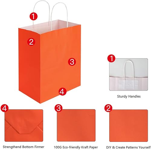 Miniatura 10 de Oikss Paquete de 50 bolsas de papel kraft amarillas medianas de 8 x 4.75 x 10 pulgadas con asas a granel para cumpleaños, bodas, fiestas,