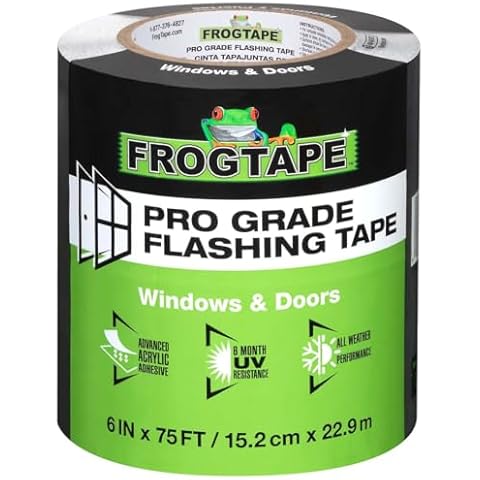FROGTAPE Pro Grade Flashing Tape for Windows & Doors - All Weather & UV Resistant Flashing Tape with Advanced Acrylic Adhesive - 10 mils - 6 Inch Width - 75 Foot Roll - Black Cover