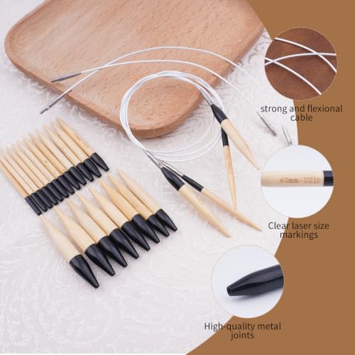 Image of WAZAIGUR 2.16 inch Short Interchangeable Bamboo Circular Knitting Needles Set | 12 Sizes 3-8mm /US 2.5-11, 12 Pairs, 4 Cables, Bamboo Shorties Needles Kits for Knitting Projects - Beginners /Enthusiast, Gift
