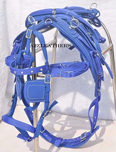 SHOWMEN CRAFT Nylon Driving Harness for Single Horse in Blue with Diamonte Browband Bridle Available in 4 Size (Cob)