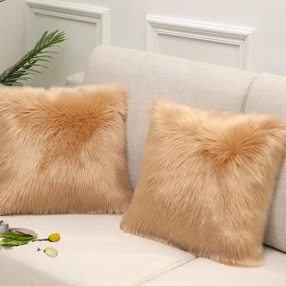 Image of Fur Cushion Pillow Cover for Set of 2 Pillow - 13x13 Inches (Gold)
