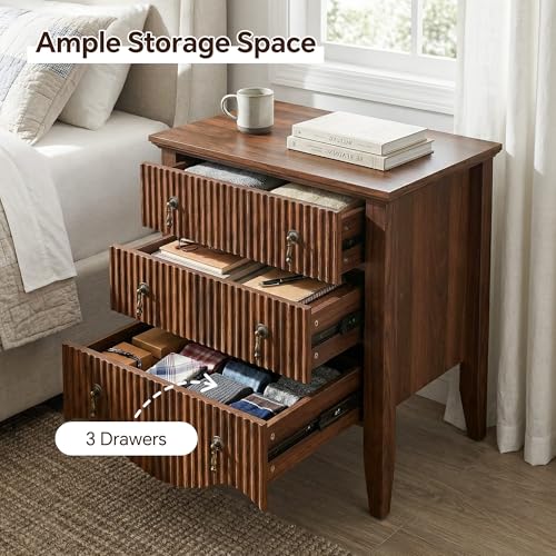 Image of FUSUNBAO Set of 2 Nightstands with Charging Station&3 Fluted Drawers,Walnut | Vintage Bedside Table, 3 Fluted Drawers and Open Shelf, Rustic End Table, Power Outlet and USB Ports, For Bedroom