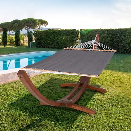 Image of SUNCREAT Quick Dry Hammocks Standing Backyard Hammock with Stand, 2 Person Heavy Duty Poolside Hammock with 13.5 ft Wooden Stand, Dark Gray