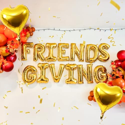 Image of Friendsgiving Balloons Friends Giving Party Decorations 16 Inches Tall Gold Heart Friendsgiving Foil Mylar Balloon Letter Banner for Fall Theme Thanksgiving Friends Party Backdrop Supplies