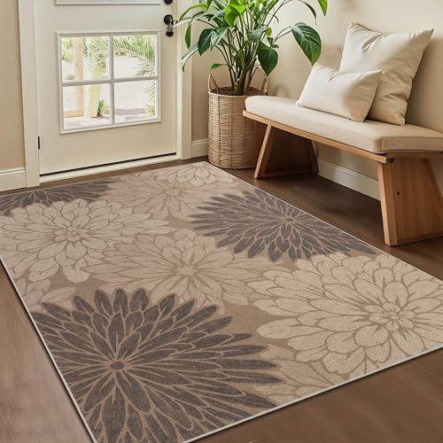 Image of Floral Easy Jute Rug 3x5 Outdoor Entryway Rug Washable Area Rugs for Living Room Bedroom Non Slip Neutral Farmhouse Indoor Outdoor Carpet for Backyard Patio Office