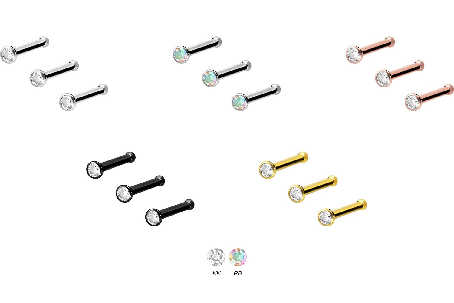 PIERCINGLINE Juego de 3 piercings para la nariz de titanio con cristal | Piercing para la nariz | Selección de colores, Titanio,