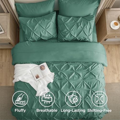 Image of Bedsure King Size Comforter Set Graysih Green - Bed in a Bag Bedding Set 7 Pieces, GentleSoft Pintuck Bed Set Gift for Family, All Season Down Alternative Comforter with Sheets, Pillowcases & Shams