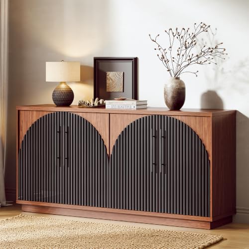 Image of 65 inch Buffet Cabinet with Storage, Fluted Sideboard Cabinet with 4 Arched Doors & Adjustable Shelves, Credenza Accent Cabinet Console for Dining Room, Living Room, Entryway, Set of 2