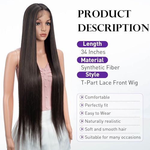 Joedir 34" Long Yaki Straight Lace Front Brown Synthetic Wigs Middle Part HD Transparent Glueless Lace Wig Heat Resistant Fiber Pre Plucked Hairline with Baby Hair Wig for Women - Image 2