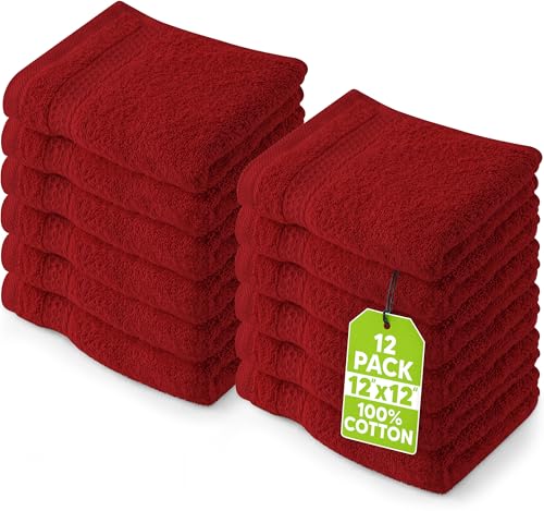 Image of Utopia Towels 12 Pack Premium Wash Cloths Set, 12 by 12 Inches, 100% Cotton Ring Spun, Highly Absorbent and Soft Feel Essential Washcloths for Bathroom, Spa, Gym, and Face, Red