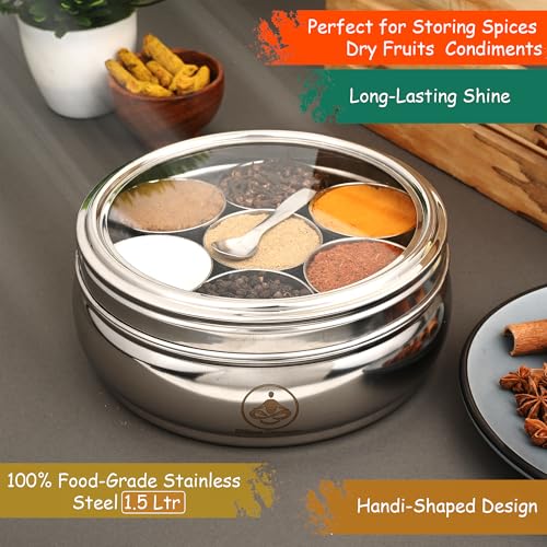 Image of Spice Box - 7 Compartment Food Grade Stainless Steel Masala Container with Lid & Spoon | Bold Kitchen Organizer for Everyday Cooking (Silver) 1500 Ml