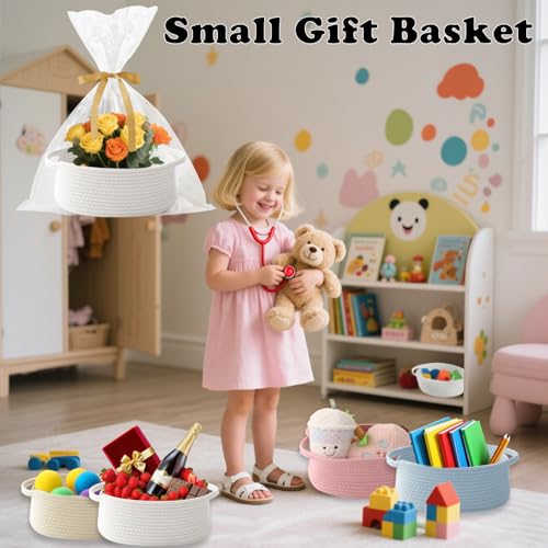 Image of White Woven Rope Basket - Baby Gift Basket with Bag & Ribbon