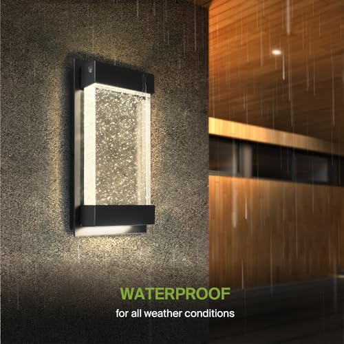 Image of ASD LED 12 inch Bubble Glass Wall Light Fixture, Outdoor & Indoor Seeded Sconce | 3CCT, Waterproof, Dimmable, Up-Down Glow, ETL Listed | 22W 500LM 3000-5000K 120V | Exterior Porch Lighting | Black