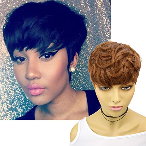 VRZ Short Wavy Human Hair Wigs with Bangs Pixie Cut Brazilian Hair Wigs Short Black Layered Pixie Wavy Wigs for Women (Layered 33#)