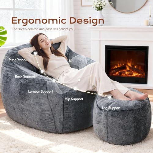 Image of Homguava Giant Bean Bag Chairs for Adults,Large Bean Bag Couch with Ottoman | Big Beanbag Chair with Memory Foam Filled,Oversized Bean Bag Sofa,Faux Fur Floor Sofa Chair for Bedroom Living Room-Grey