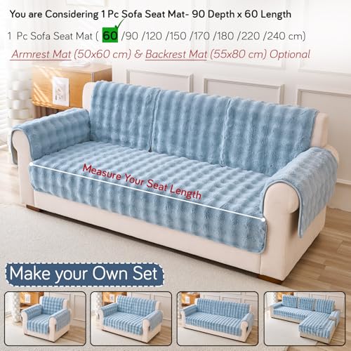 Image of HOKIPO 'FurHug' Premium Faux Fur Rabbit Sofa Cover Mats for L Shape and 1 /2 /3 Seater Sofa. Make Your Own Sofa Cover Set, Mat Length 90(D) x 60(L) cm, Charm Blue (NEW-AR-5010-BL)