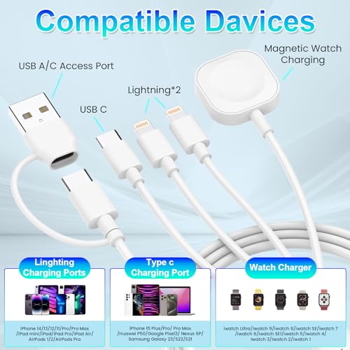Image of 6in1 Multi Charging Cable 10FT, Magnetic Charger for Apple Watch Ultra /SE /11 /10 /9 /8 /7 /6 /5 /4 /3 /2 /1, Multiple Charger Cord for iPhone 15 /14 /13 /12 /11 /Galaxy /Pixel, White USB A /C Universal Travel Charger