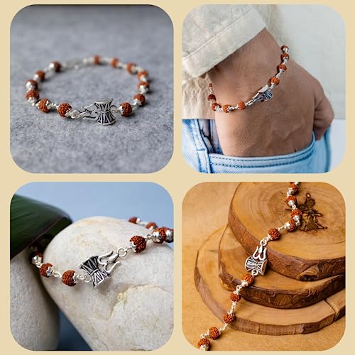 Image of Hem Jewels Pure Silver Rudraksh Bracelet Rakhi with Damru and Trishul for Brother | Silver Rakhi for Brother | Silver Bracelet for Boys and Men (HJ RKH50)