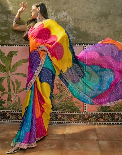 Image of SIRIL Women's Chiffon Scalloped Border Sequins Embroidery Saree with Unstitched Blouse Piece
