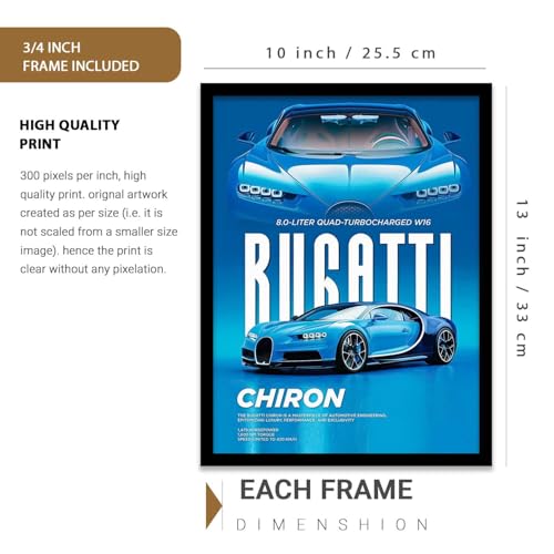 Image of HOTHOUSE Big Toyota Supra, Lamborghini Huracan, Bugatti Chiron Cars Framed Posters Gift Items for Boys Room Wall Decoration Bedroom Living Room Office Studio Decor | Set Of 3 Size (10 X 13 inch)