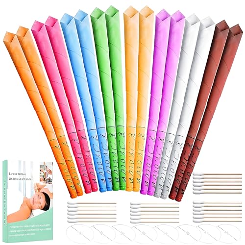 Ear candles 16pcs All Natural Hopi Ear candles Beeswax Candling Cones Lindastas Ear wax candles 100% Non-Toxic Cylinders Fragrance Hollow Cone Candles with(8 Colours)+8 Protective Disks+30 Cotton Swab