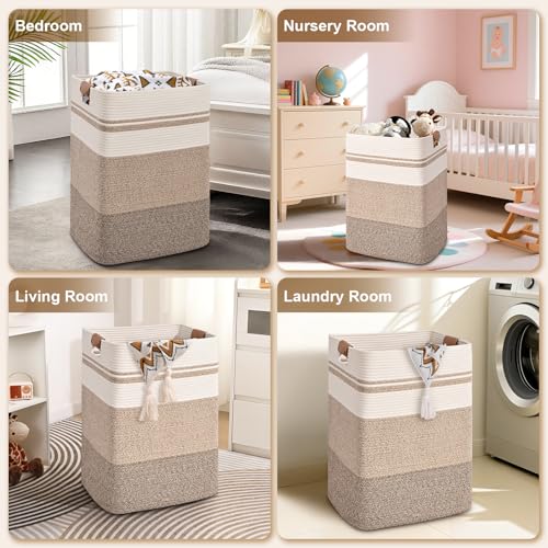 Image of Laundry Hamper, 85L Tall Laundry Basket with Leather Handles, Rectangle Large Clothes Hamper for Organizing, Cotton Woven Laundry Baskets Storage Hampers for Bedroom, Nursery, Living Room