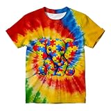 AXWRFSD Kids Rainbow Tie Dye T Shirt Short Sleeve Autism Awareness Tee Elephant Puzzle Graphic Tops for 4-5 Toddler Boys Girls