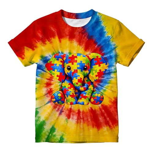 AXWRFSD Kids Rainbow Tie Dye T Shirt Short Sleeve Autism Awareness Tee Elephant Puzzle Graphic Tops for 4-5 Toddler Boys Girls