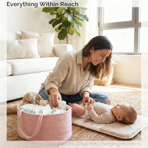 Image of luxury little Diaper Caddy Organizer, Large Cotton Rope Nursery Baby Basket, Changing Table Organizer for Baby Diaper Storage, Portable Car Organizer Removable Divider (Light Pink, Large)