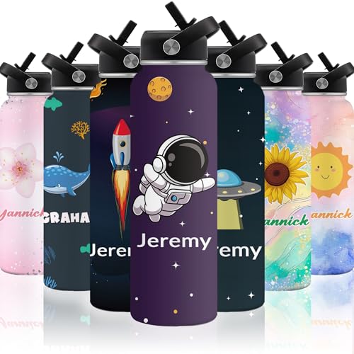 Personalized Water Bottles for Kids Space Custom Name Insulated Stainless Steel Cup with Straw Lid for Boy Girl Customized Sport Tumblers Back to School Gift 12oz/18oz/32oz