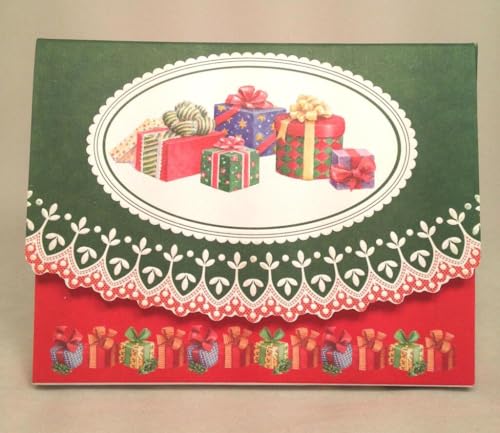 Image of Christmas Holiday Present Gift Stack Portfolio Boxed Note Cards by Carol Wilson. 10 embossed 4x5 Die-Cut Notecards and Matching Envelopes in Decorative Gift Box with Velcro Flap. NCPX2345