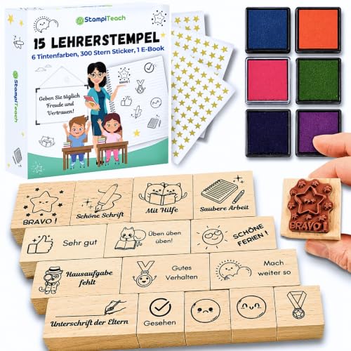 Lehrerstempel Deutsch - Lehrer Geschenk 15 Lehrerstempel 6 Stempelkissen 300 Sticker Sterne Lehrerbedarf Grundschule Lehrerin Geschenk