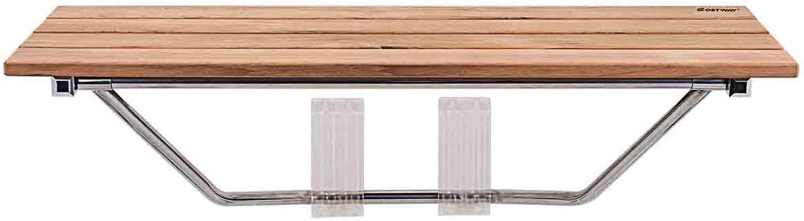 35.5'' Folding Shower Seat Bench, Wall Bathroom Teak Wood Folding Shower Bench Seat