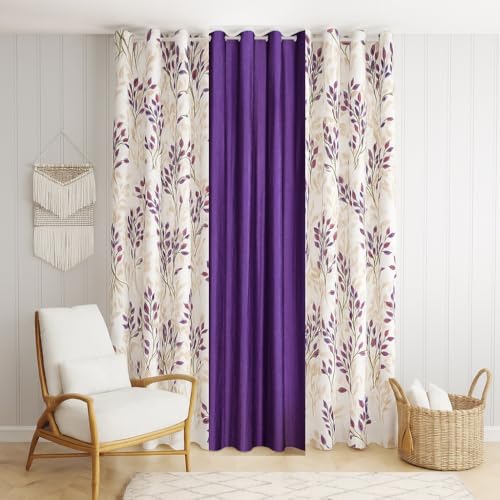 Image of DEVSANG Polyester 2 Print and 1 Plain Curtains Set of 3, Purple&White 8 Feet
