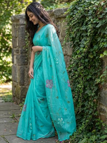 Image of AKHILAM Women's Cotton Saree with White Daisy Floral Prints Tassel Pallu Lightweight Summer Saree