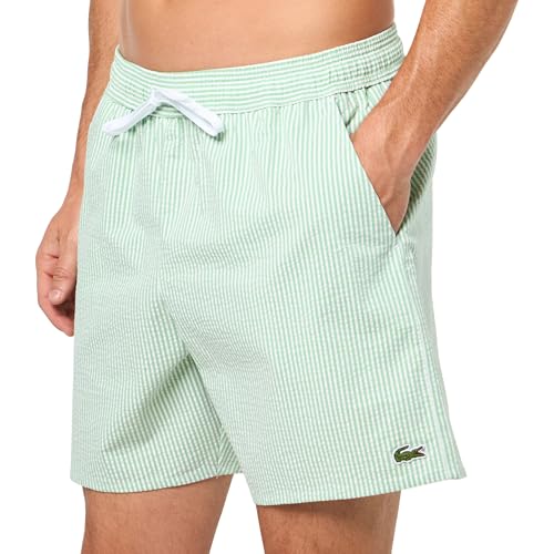 Lacoste Men's Striped Seersucker Swim Trunks, White & Green, Large3