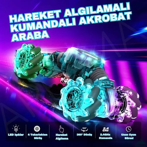 Oyuncak 2.4GHz Uzaktan Kumandalı El Sensörlü 4x4 Şeffaf Gövde Şarjlı Işıklı 360° Dönen Akrobat Araba (Mavi)
