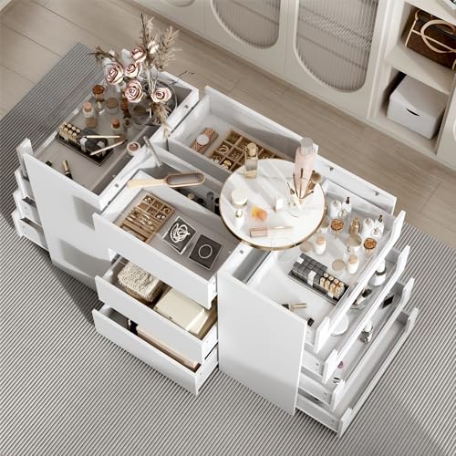 TAMUNE Display Storage Island with 14 Drawers & Glass Tabletop, Jewelry Display Cabinet with Glass Shelf, Showcase for Store Shops Cloakroom Dressing Room, White, 47.2”W x 23.6”D x 31.5”H